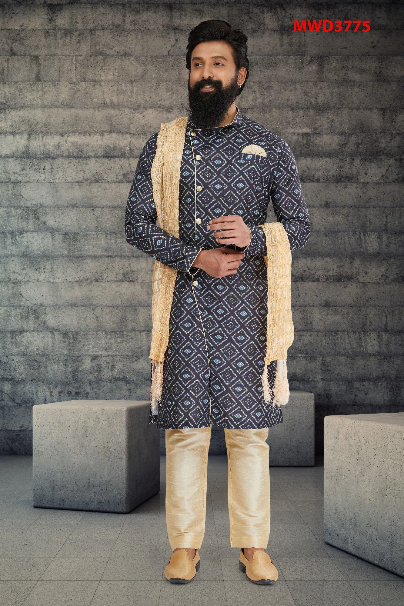 Blue Printed Indowestern Sherwani, 36-1.webp